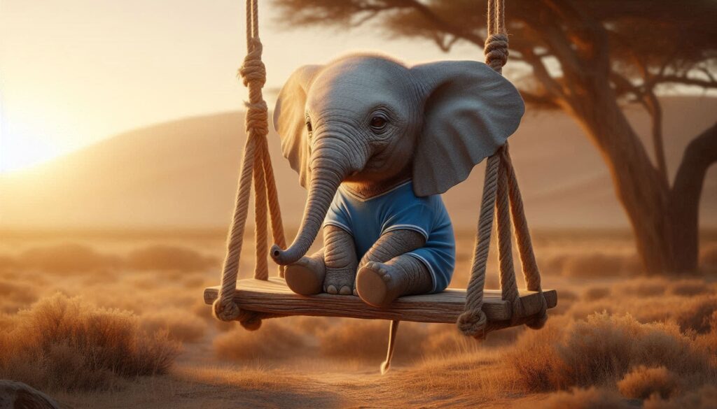 Слон у синьому купальнику сидить на гойдалці посеред савани, навколо акації та висока трава