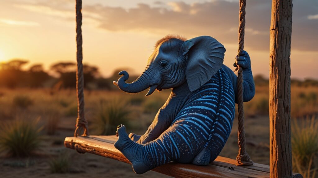 Слон у синьому купальнику сидить на гойдалці посеред савани, навколо акації та висока трава у стилі мультфільму