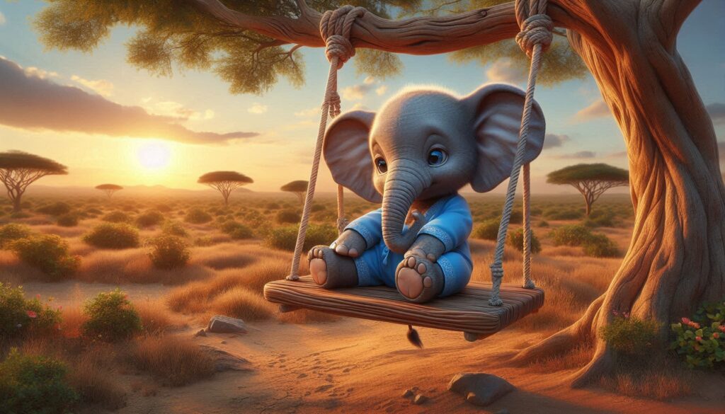 Слон у синьому купальнику сидить на гойдалці посеред савани, навколо акації та висока трава у стилі мультфільму