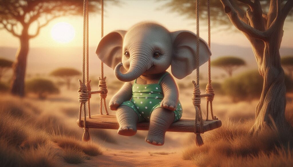 Маленький слон у зеленому купальнику в білий горошок, на гойдалці серед африканської савани, теплий захід сонця