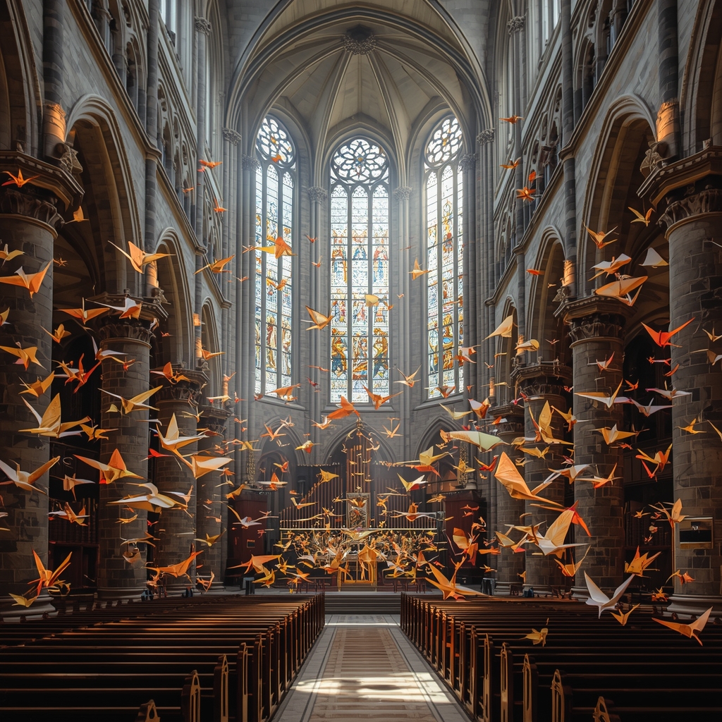 «Тисячі журавликів орігамі, що заповнюють собор» (див фото нижче) або «безкінечна бібліотека, що тягнеться до точки зникнення»