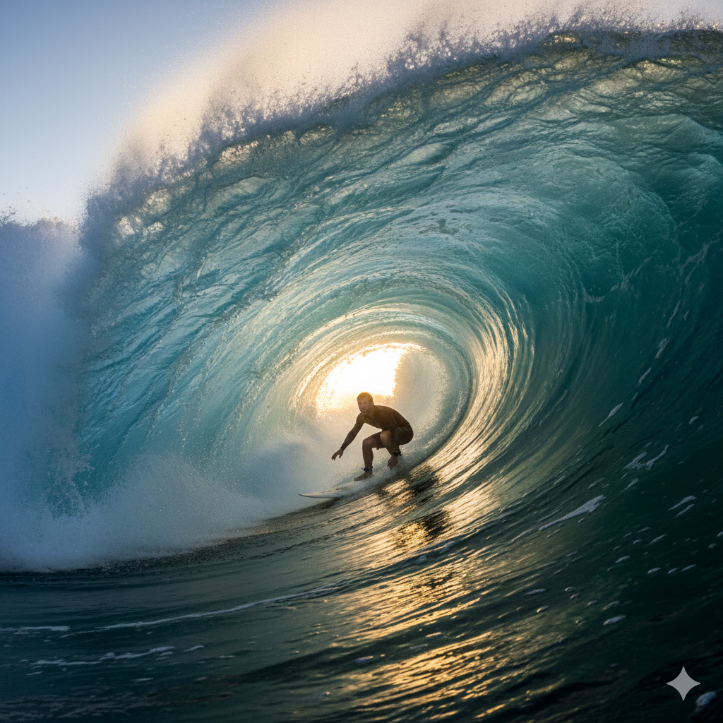 Серфер всередині бочкової хвилі, навколо бризки води, ранкове світло крізь водну стіну