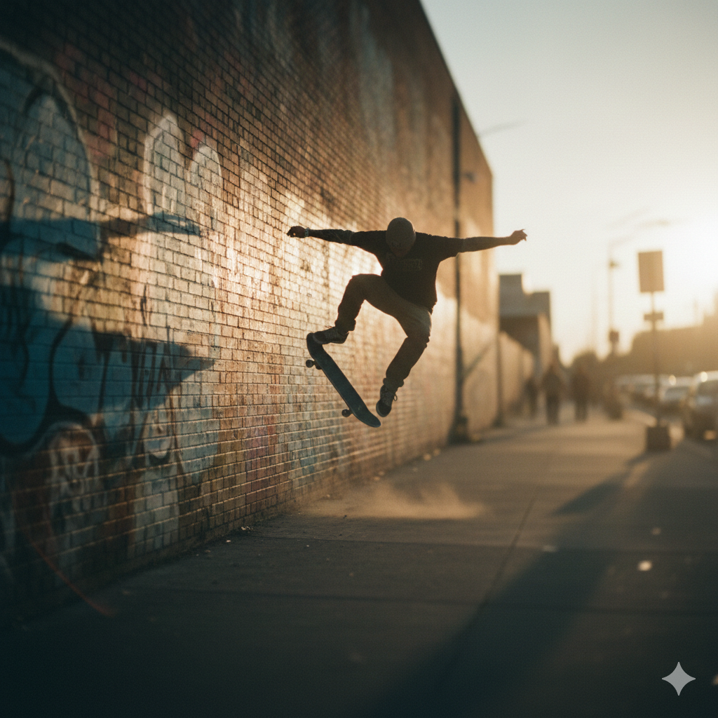 Скейтбордист застиг на середині трюку на стіні графіті, освітлення золотої години, міська енергія, розмиття по краях, стиль вуличної фотографії