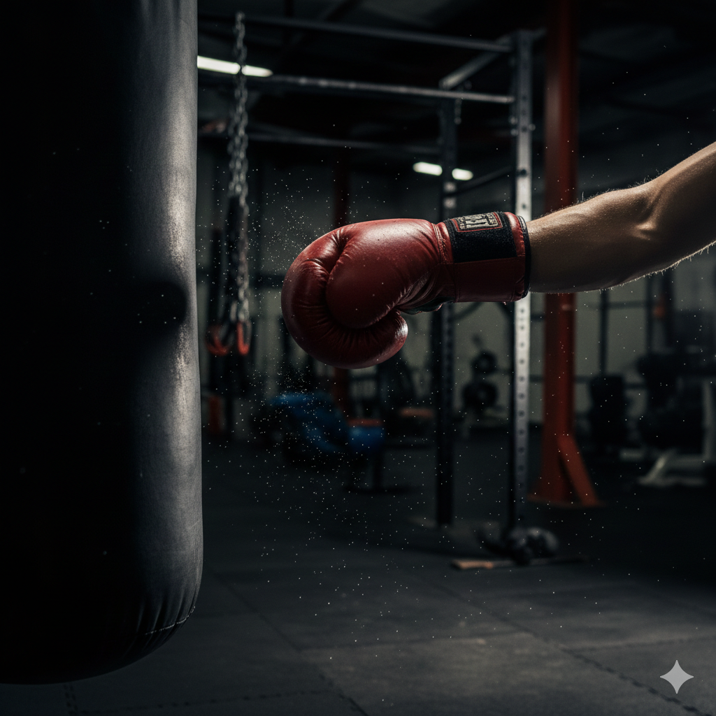 Удар боксерської рукавички об мішок для швидкості, сліди розмиття руху, краплі поту зависли, освітлення спортзалу драматичне